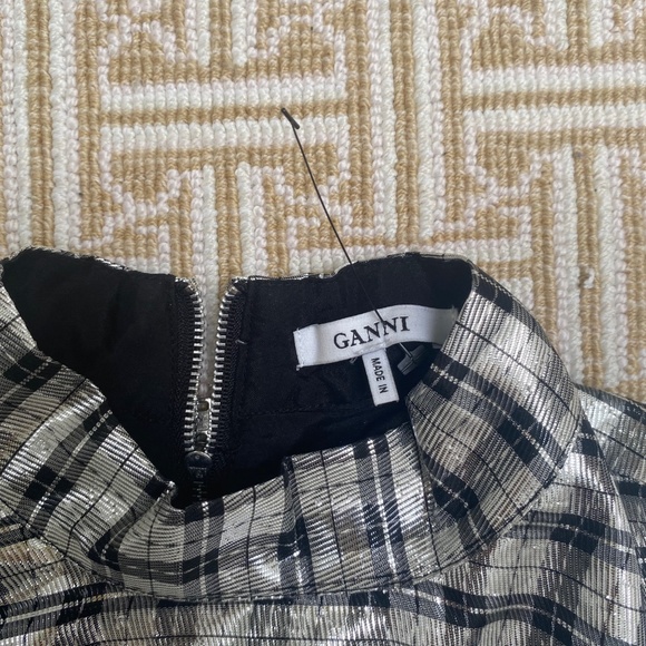 Ganni Metallic Plaid Puff Sleeve Top - Picture 3 of 6